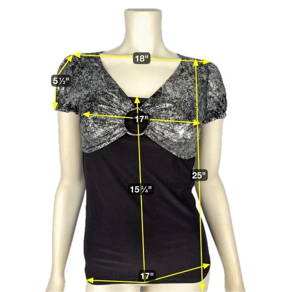 Y2K Keyhole Top Women's L Black‎ Silver Metallic Ring Accent Short Sleeve Club - Picture 4 of 11
